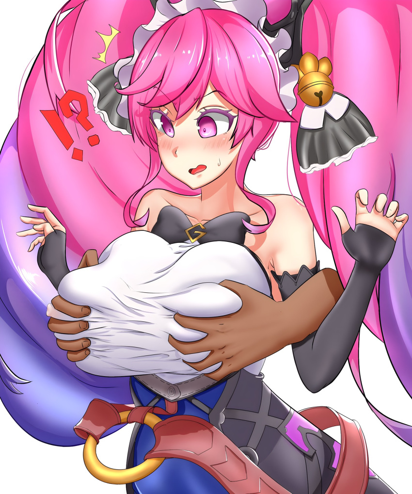 1girls blush breast_grab breast_squeeze breasts cleo cleo_(dragalia_lost) covered_nipples cygames deuce_(artist) disembodied_hand dragalia_lost female from_behind grabbing_from_behind groping large_breasts nintendo pink_eyes pink_hair simple_background