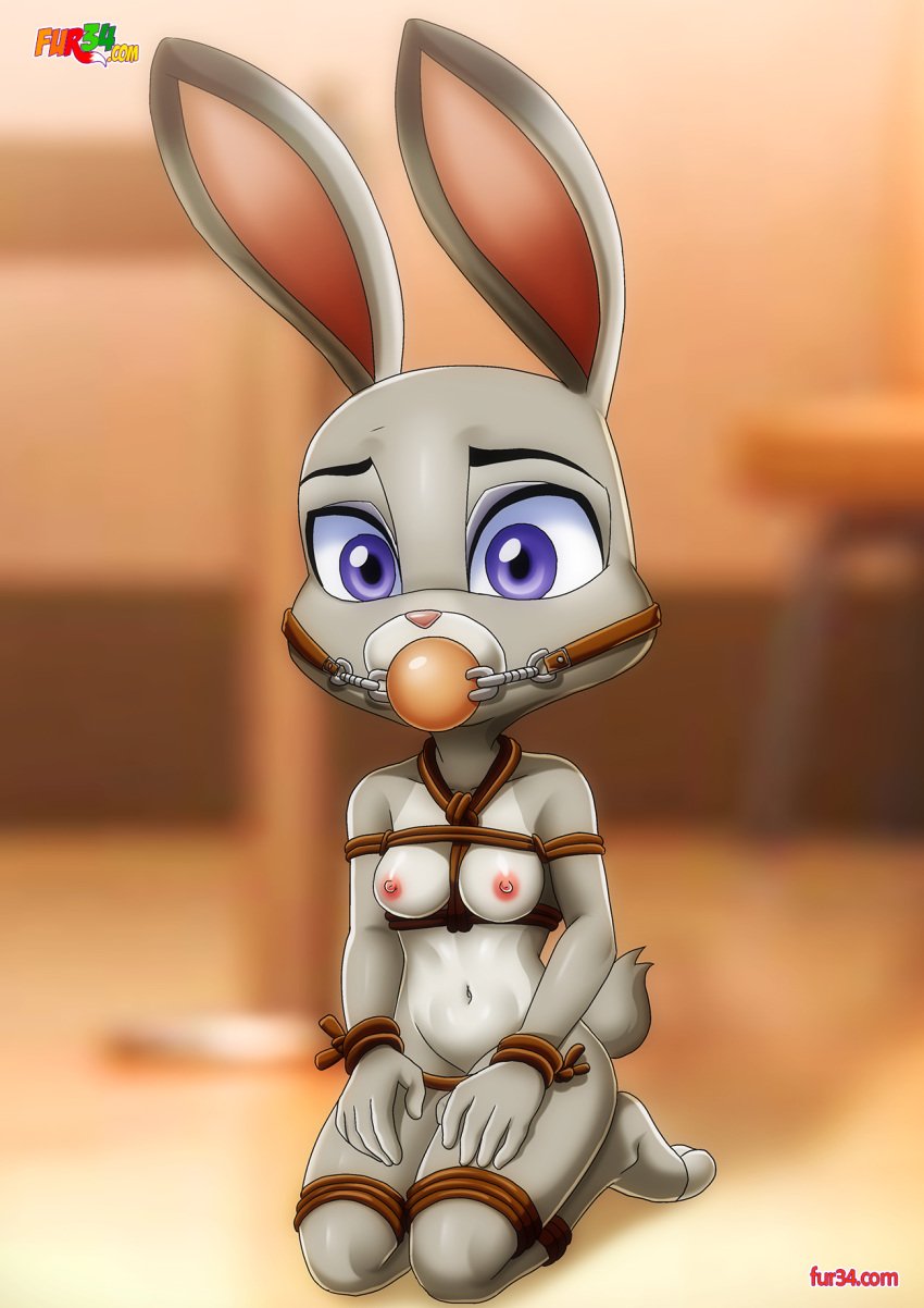 1girls anthro ball_gag bbmbbf bondage breasts disney female female_only fur34 furry gag gagged judy_hopps nipples nude palcomix rabbit rope rope_bondage small_breasts solo zootopia