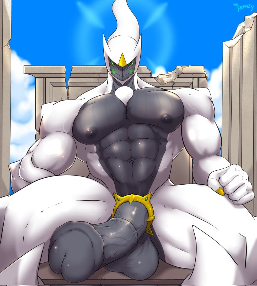 2022 abs accessory animal_genitalia animal_penis anthro anthrofied arceus balls bara barazoku big_muscles big_penis chair claws cloud cock_ring day equine_penis erection front_view furniture genitals halo hi_res horn huge_cock huge_muscles jewelry legendary_pokémon looking_at_viewer male male_focus male_only medial_ring mr._frenzy muscular muscular_anthro muscular_male navel nintendo nipples nude obliques pecs penis penis_accessory penis_jewelry pokémon_(species) pokémorph pokemon signature sitting sky solo thick_thighs throne vein video_games