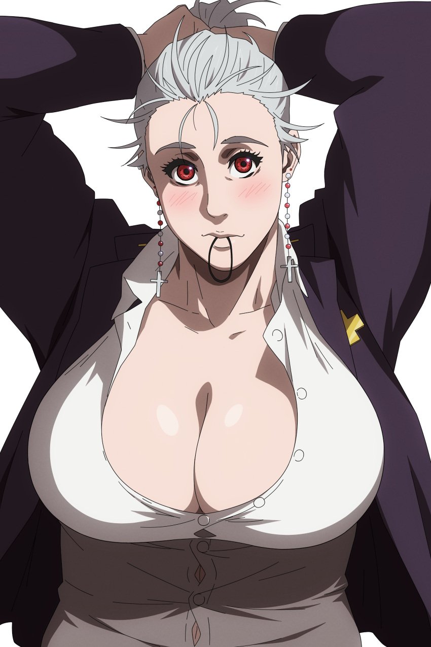 1girls big_breasts blush breasts dorohedoro eye_contact female female_focus female_only fully_clothed highres huge_breasts khexxi looking_at_viewer noi_(dorohedoro) ponytail red_eyes solo solo_female tied_hair upper_body voluptuous white_background white_hair