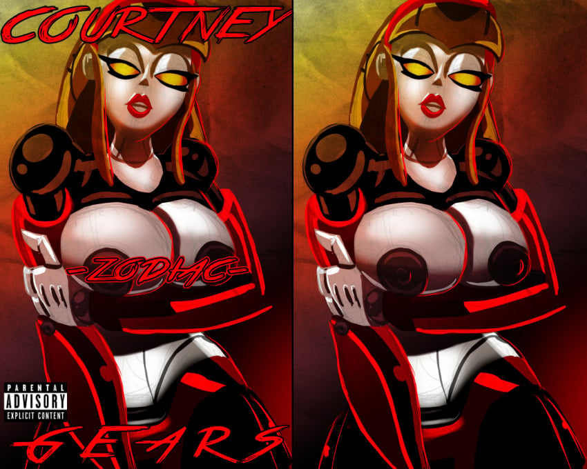 1girls 2020 android big_breasts courtney_gears exposed_breasts exposed_torso female_only holding_breasts lipstick nipples pale_skin raftyverse ratchet_and_clank robot_girl solo