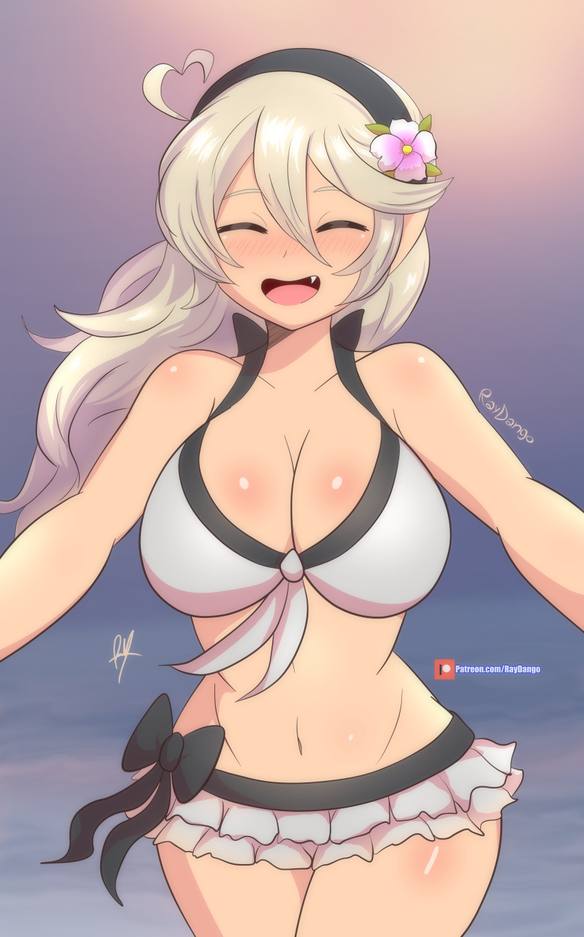 1girls ahoge alternate_costume bare_thighs bikini bikini_skirt breasts cleavage closed_eyes corrin_(fire_emblem) corrin_(fire_emblem)_(female) corrin_(summer)_(fire_emblem)_(female) cute female female_only fire_emblem fire_emblem_fates fire_emblem_heroes flower hair_flower hairband heart_ahoge hug incoming_hug large_breasts long_hair nintendo official_alternate_costume open_mouth outdoors pointy_ears pov_hug raydango smile solo swimsuit thighs white_bikini white_swimsuit