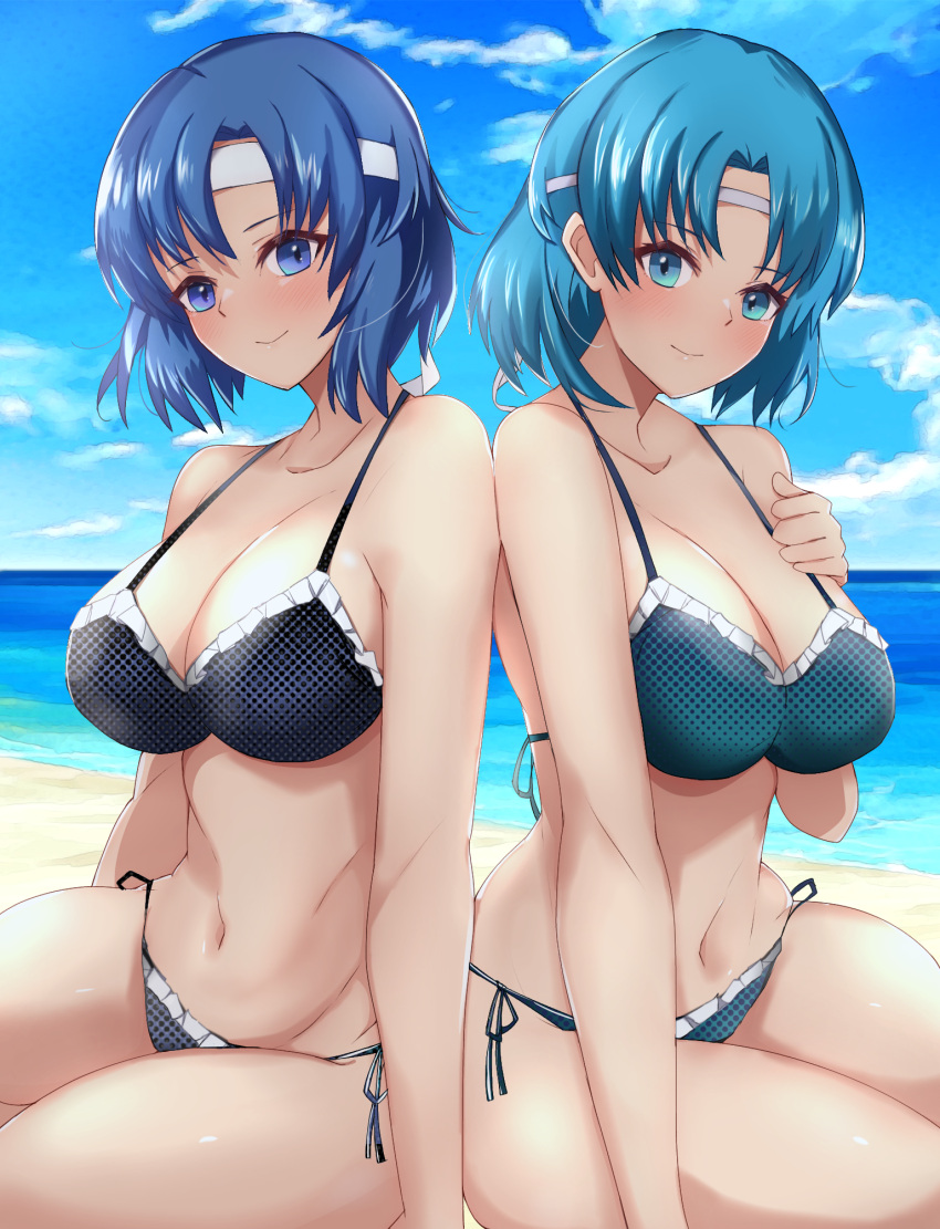 2girls alternate_costume bare_shoulders beach bikini black_bikini black_swimsuit blue_bikini blue_eyes blue_hair blue_swimsuit blush breasts catria_(fire_emblem) cleavage collarbone female female_only fire_emblem fire_emblem:_mystery_of_the_emblem fire_emblem:_shadow_dragon_and_the_blade_of_light fire_emblem:_the_binding_blade frilled_bikini frills groin hairband highres large_breasts looking_at_viewer multiple_girls navel nintendo ocean polka_dot polka_dot_bikini polka_dot_swimsuit short_hair side-tie_bikini smile swimsuit thea_(fire_emblem) toshimasa toshimasa_(ztvy3575)