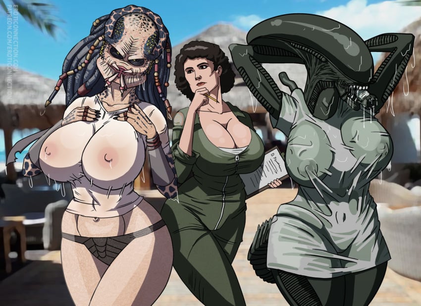 3girls alien alien_(franchise) alien_girl alien_vs_predator artist_name big_breasts breasts brown_hair clothing detailed_background ellen_ripley etan eyeless fangs female female_xenomorph female_yautja grey_body group hair human humanoid mammal monster multiple_girls nipples open_mouth patreon_username predator_(franchise) shirt thick_thighs topwear trio water wet wet_clothing wet_shirt wet_topwear xenomorph yautja yellow_body