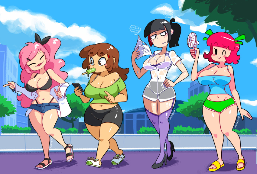 4girls bak_(minus8) big_breasts black_hair breasts brown_hair chubby_female cleavage clothed clothing crop_top female female_only high_heels kim_(minus8) long_hair minus8 multiple_girls navel original outdoors pac-man_eyes pink_hair plum_(minus8) red_hair sandals shiny_hair shiny_skin shoes short_hair sneakers summer sweat thick_thighs yi_(minus8)