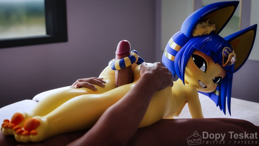 2022 3d 3d_(artwork) 3d_model animal_crossing ankha ankha_(animal_crossing) ankha_(zy0n7) anthro ass athletic_female bedroom_eyes big_butt blue_hair blush breasts digital_media_(artwork) domestic_cat dopyteskat doubutsu_no_mori egyptian felid feline felis fur grin hair hi_res human human_penetrating inner_ear_fluff light-skinned_male male nairu_(doubutsu_no_mori) nintendo nipples shortstack tailjob thick_thighs thigh_sex thighs zy0n7