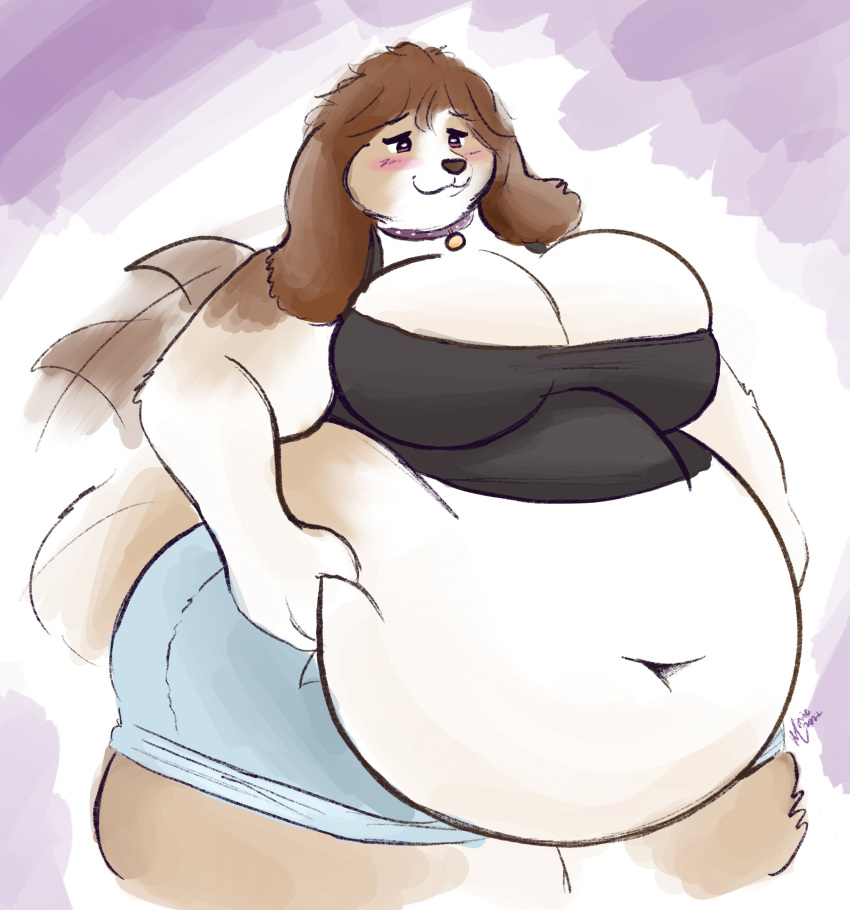 anthro big_belly big_breasts breasts canine dog fat female june_(largefluffydog) mirinameow morbidly_obese short_shorts tagme tailwag