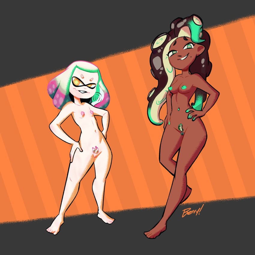 animal_humanoid berryvapor breasts brown_body brown_skin casual cephalopod chocolate_and_vanilla completely_nude dark_skin duo female genitals green_pussy grin hands_on_hips humanoid inkling looking_at_viewer marina_(splatoon) marine marine_humanoid medium_breasts mollusk mollusk_humanoid naked nintendo nude octoling off_the_hook_(splatoon) pale_skin pearl_(splatoon) pseudo_hair pubes pubic_hair pussy small smile splatoon splatoon_2 standing tentacle tentacle_hair vanilla video_games white_body white_skin