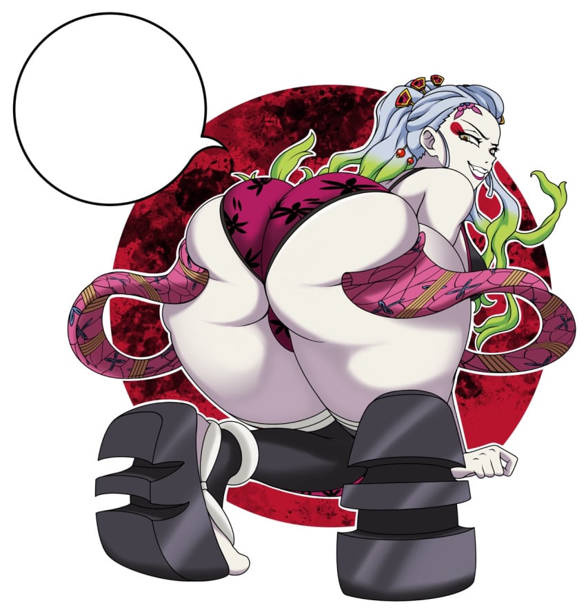 all_fours ass_dough ass_focus bent_over big_ass black_legwear daki_(kimetsu_no_yaiba) demon_girl demon_slayer eyeshadow facial_markings fangs female female_only full_body geta grin hair_ornament huge_ass kimetsu_no_yaiba long_hair looking_at_viewer looking_back naughty_face obi okobo ourcouncil pale-skinned_female pale_skin panties platform_footwear presenting presenting_hindquarters prostitute smile solo stirrup_legwear thick_thighs thighhighs two_tone_hair voluptuous white_hair