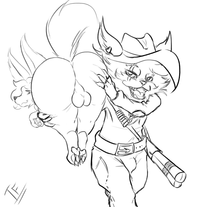 anthro ass balls big_butt bulge canid canine clothing cowboy_hat cowboy_outfit duo ear_piercing ear_ring fennec fennephilim_fox fox genitals gun hand_on_butt hat headgear headwear hi_res holding_butt kled league_of_legends line_art looking_at_viewer looking_back male mammal open_mouth pawpads piercing ranged_weapon ring_piercing riot_games shoulder_grab tagger_fox video_games weapon yordle