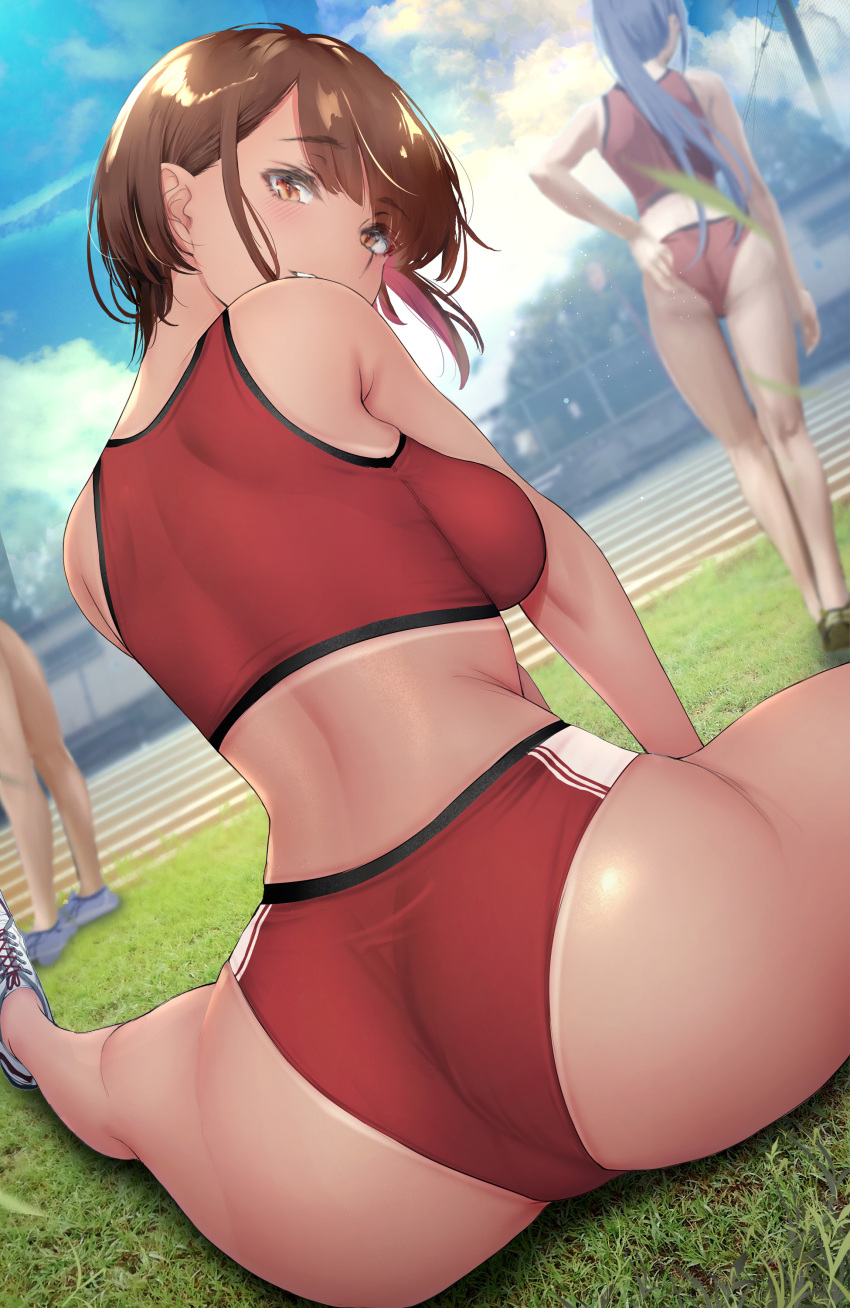 3girls ass blush breasts censored flexible from_behind gentsuki grass monochrome multiple_girls original pussy sideboob sportswear spread_legs stretching tan tanline tanned_skin track_and_field wide_hips