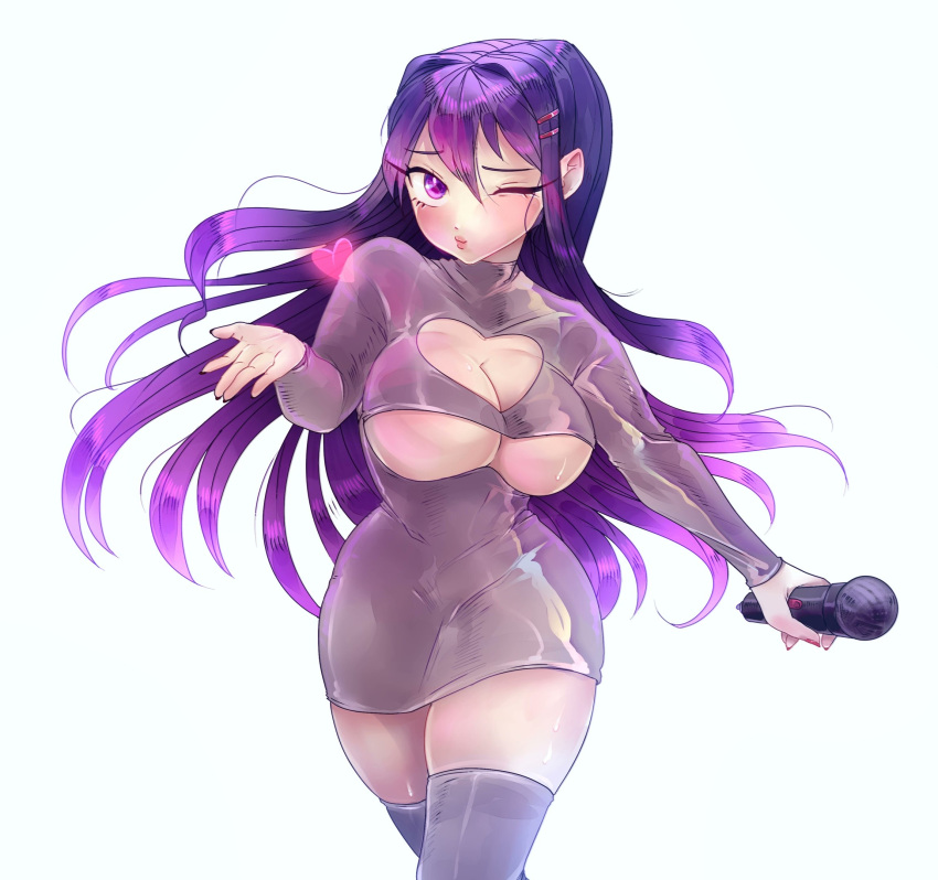 blowing_kiss blush breasts_almost_out chenchensimp_(artist) doki_doki_literature_club gray_clothes gray_thighhighs hairclip hand_out heart holding_microphone holding_object long_hair looking_at_viewer mic microphone one_eye_closed pink_heart purple_eyes purple_hair solo thighhighs wink winking winking_at_viewer yuri_(doki_doki_literature_club)