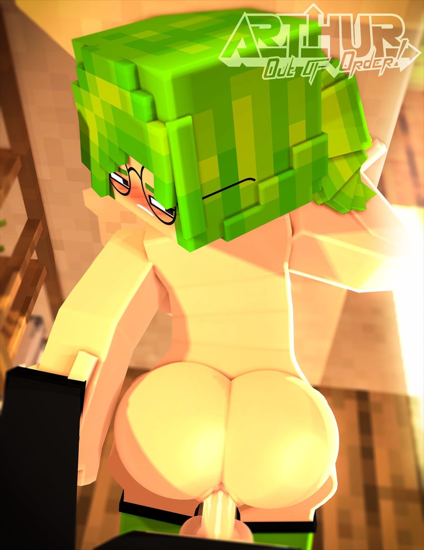 1boy 1girls 3d against_wall ambiguous_penetration arm_grab arthur32 ass bent_over big_ass bubble_butt clothed_male_nude_female female glasses green_hair huge_ass looking_at_viewer looking_back male male_pov mine-imator minecraft nude nude_female pov pov_eye_contact sex thighhighs unknown_character