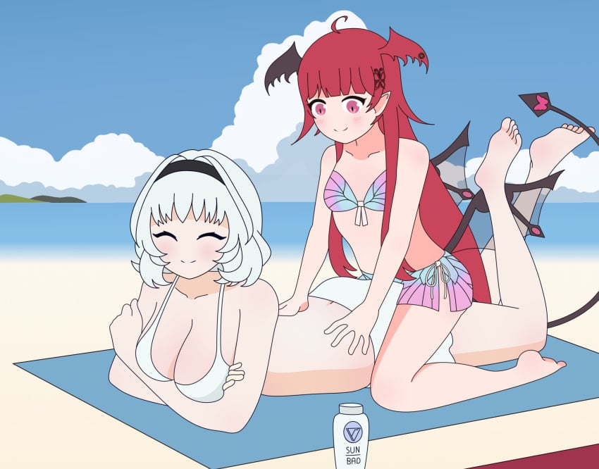 2girls angel barefoot beach bikini blush closed_eyes demon demon_girl demon_horns demon_tail demon_wings frottage horns large_ass large_breasts light-skinned_female light_skin luto_araka noality prism_project red_eyes red_hair rita_kamishiro silver_hair small_breasts smaller_female smile smiling succubus sunscreen swimsuit tail towel virtual_youtuber white_hair wings