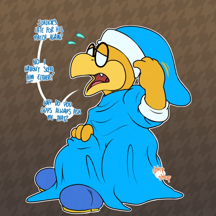 1:1 absurd_res anthro argon_vile cloak clothed clothing dialogue digital_media_(artwork) duo english_text eyewear fangs footwear genitals glasses hat headgear headwear hi_res hiding_in_dress kamek koopa lidded_eyes male male/male male_only mario_(series) nervous nintendo offscreen_character open_mouth paper_mario rubbing_head scalie sex shoes simple_background speech_bubble stealth_sex text the_great_gonzales_jr under_clothes under_dress unseen_character video_games young