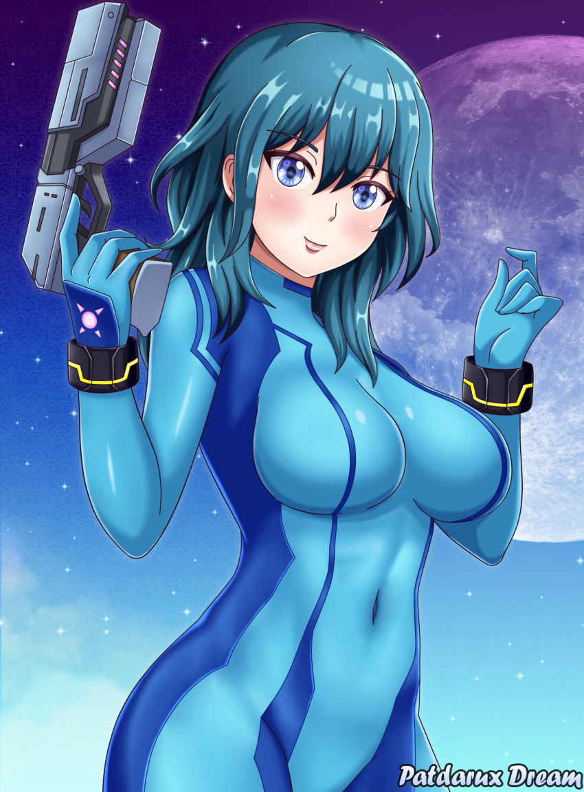 1girls blue_eyes bodysuit breasts byleth_(fire_emblem) byleth_(fire_emblem)_(female) cleavage fire_emblem fire_emblem:_three_houses gun hi_res looking_at_viewer medium_hair metroid moon nintendo patdarux samus_aran_(cosplay) shiny_clothes skin_tight smile solo teal_hair tight_clothing weapon wristband zero_suit