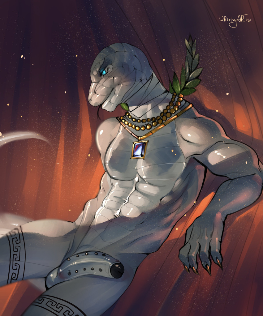 5_fingers abs absurd_res anthro arm_support athletic athletic_anthro athletic_male balls biped blue_eyes colored digital_media_(artwork) fingers flaccid frenum_ladder frenum_piercing genital_piercing genitals grey_body hi_res humanoid_genitalia humanoid_penis jewelry ladder_piercing leaning_on_elbow leg_markings lying male markings navel necklace nude on_back pendant penis penis_piercing piercing portrait qrichy reptile scalie shaded snake solo three-quarter_portrait three-quarter_view tongue tongue_out