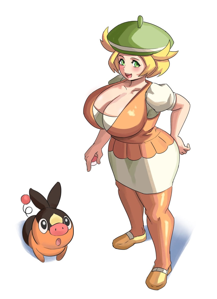 1girls bianca_(pokemon) big_butt blonde_hair breasts bubble_butt cleavage dandere female female_only green_eyes huge_breasts large_breasts looking_at_viewer nintendo no_bra pokemon pokemon_bw tepig white_background ytrall