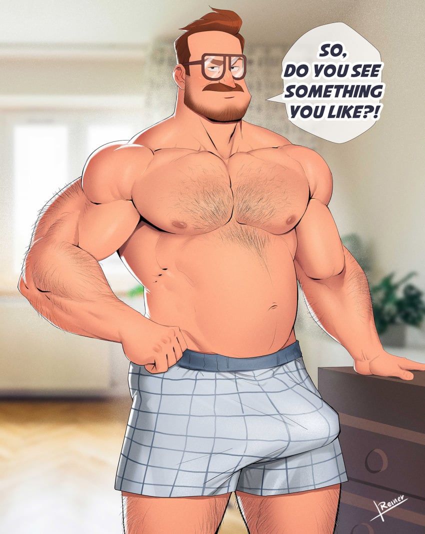 beard beer_belly belly boxers brown_hair bulge chest_hair dialogue dialogue_bubble dilf fat_belly glasses hairy_chest hand_on_hip hand_on_table leg_hair looking_at_viewer male male_focus male_only muscular_arms reiner55 rick_mitchell the_mitchells_vs._the_machines topless underwear