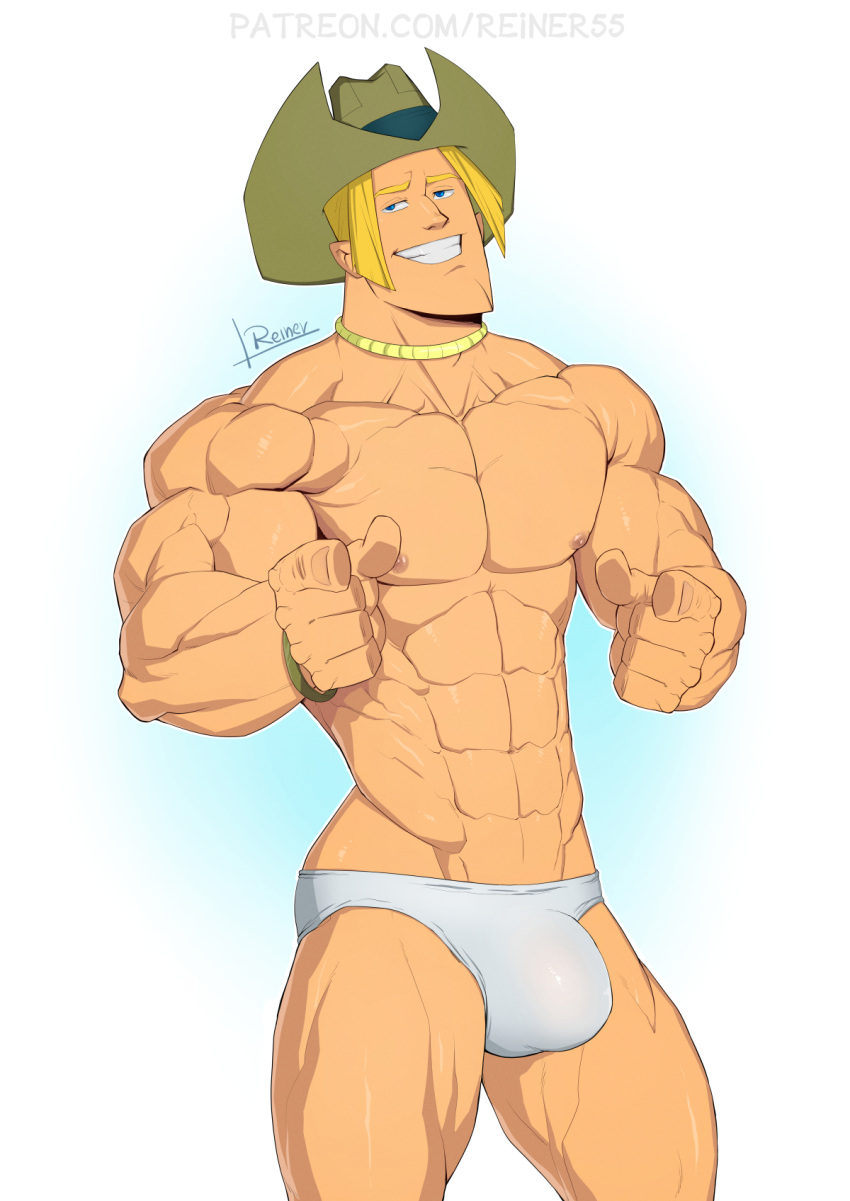 1boy abs bara biceps big_biceps big_bulge big_muscles blonde blonde_hair blonde_hair_male bracelet briefs briefs_only buff bulge cowboy_hat geoff_(tdi) hat huge_bulge human human_only looking_at_viewer male male_focus male_only muscles muscular muscular_arms muscular_male muscular_shoulders necklace pointing_at_viewer reiner55 simple_background six_pack smile smiling smiling_at_viewer solo solo_focus standing teeth teeth_showing thong tighty_whities toned toned_body toned_male total_drama_island underwear underwear_only white_background white_briefs white_underwear