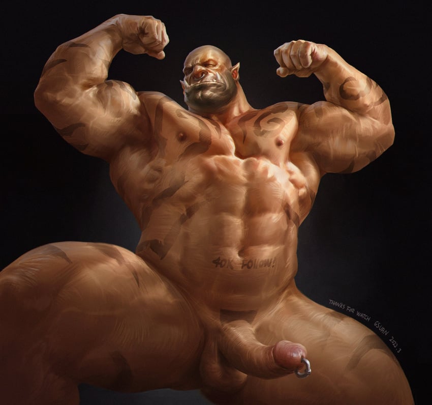 2022 6suan abs areola arm_tattoo balls biceps black_background brown_areola brown_nipples chest_tattoo dark-skinned_male dark_skin erection facial_piercing fist five_o'clock_shadow flexing flexing_both_biceps front_view garrosh_hellscream genital_piercing genitals glans hi_res humanoid humanoid_genitalia humanoid_penis leg_tattoo male male_only muscular muscular_humanoid muscular_male navel nipples nose_piercing nose_ring not_furry nude orange_balls orange_body orange_penis orange_skin orc orc_male pecs penis penis_piercing piercing pink_glans portrait pose prince_albert_piercing ring_piercing septum_piercing septum_ring serratus signature simple_background solo solo_male tattoo three-quarter_portrait tusks veiny_muscles warcraft