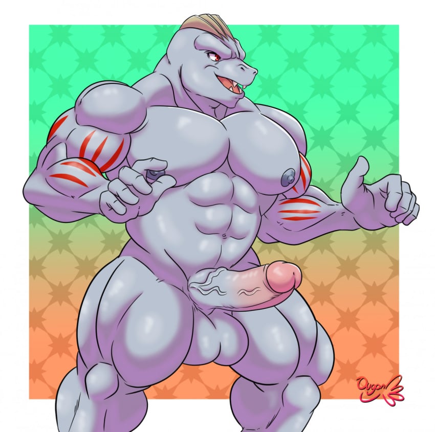 abs abstract_background anthro balls biceps deltoids erection genitals grey_body grey_skin hi_res humanoid_genitalia humanoid_hands humanoid_penis machoke male male_only muscular muscular_anthro muscular_male navel nintendo nipples open_mouth ougon pecs penis pokémon_(species) pokemon pokemon_(species) quads red_eyes smile solo triceps video_games