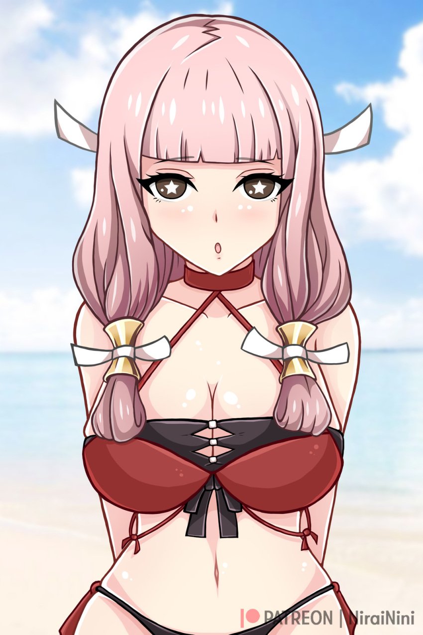 1girls alternate_costume bangs bare_shoulders bikini black_bikini black_swimsuit breasts brown_eyes cleavage collarbone cosplay female female_only fire_emblem fire_emblem_awakening fire_emblem_fates fire_emblem_heroes large_breasts looking_at_viewer medium_hair mitama_(fire_emblem) nintendo nirainini noire_(fire_emblem)_(cosplay) open_mouth outdoors pink_hair red_bikini red_swimsuit shoulders solo star-shaped_pupils swimsuit symbol-shaped_pupils two-tone_bikini upper_body