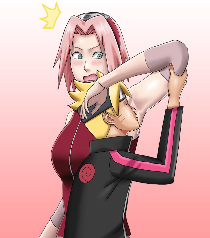 armpit armpit_fetish armpit_licking armpit_sniffing armpits boruto:_naruto_next_generations fetish naruto naruto_shippuden qutubuqu sakura_haruno sniffing surprised_expression sweat uzumaki_boruto