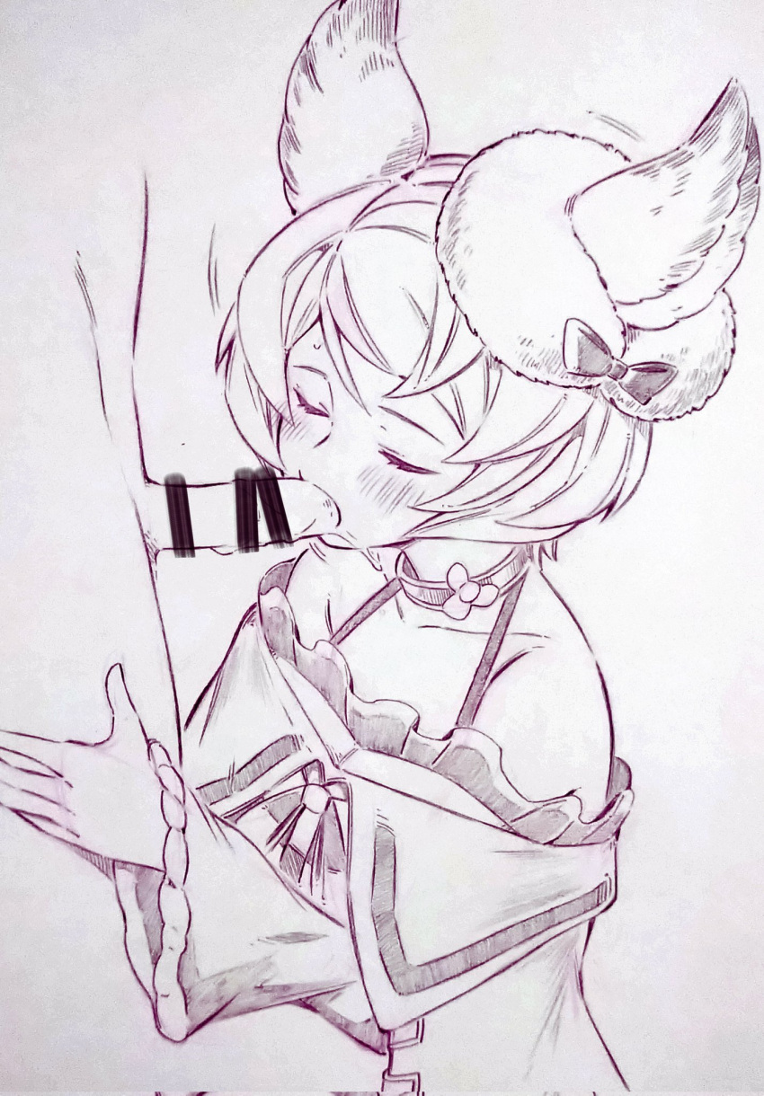 1boy animal_ears bar_censor blush bow censored choker closed_eyes clothed_female_nude_male collarbone commentary_request erune fellatio female granblue_fantasy hair_ornament highres long_sleeves monochrome nude oral short_hair straight sutera_(granblue_fantasy) traditional_media tsukareta_san