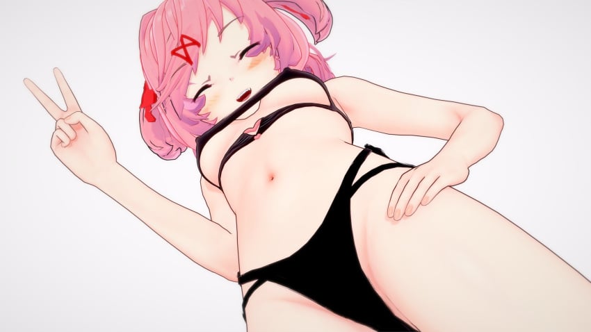 1girls black_bra black_clothing black_panties blush cometz doki_doki_literature_club fangs female_only natsuki_(doki_doki_literature_club) open_mouth peace_sign pink_hair smiling smiling_at_viewer solo white_background