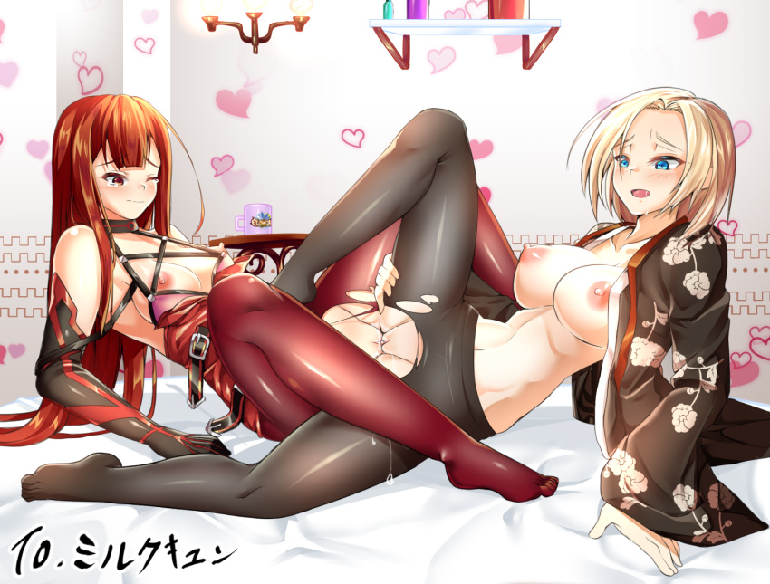 2girls blonde_hair blue_eyes breasts commission crimson_avenger_(elsword) elesis_(elsword) elsword feet flower leggings multiple_girls nipples open_mouth pantyhose pussy pussy_juice red_eyes red_hair rose rose_(elsword) saliva_trail sex thighs torn_clothes tribadism yuri