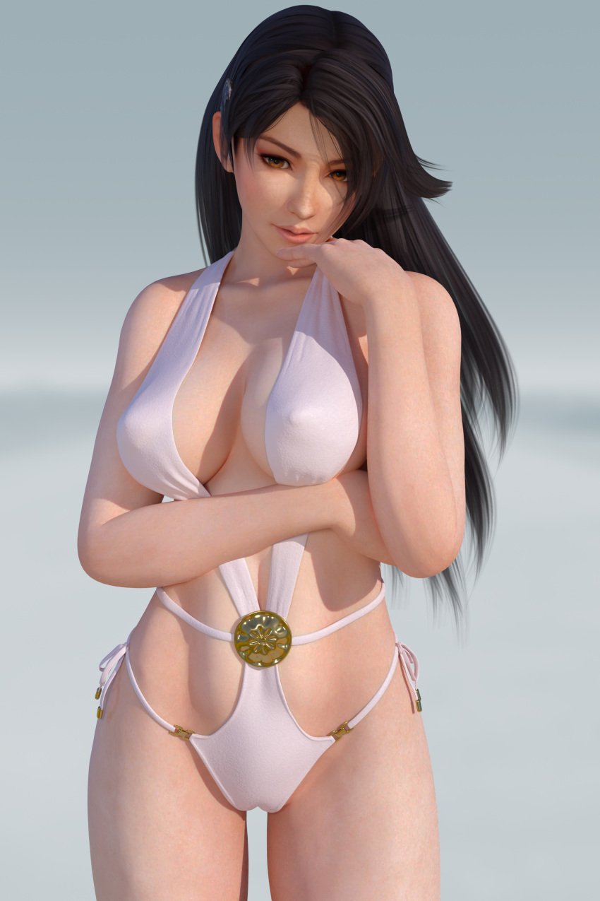 1girls 3d 3d_(artwork) black_hair blurry_background breasts brown_eyes cameltoe dead_or_alive dead_or_alive_5 female female_only highres kunoichi light-skinned_female long_hair momiji_(ninja_gaiden) ninja_gaiden nipples_visible_through_clothing pose radianteld side-tie_swimsuit simple_background solo standing swimsuit tecmo thigh_gap white_swimsuit