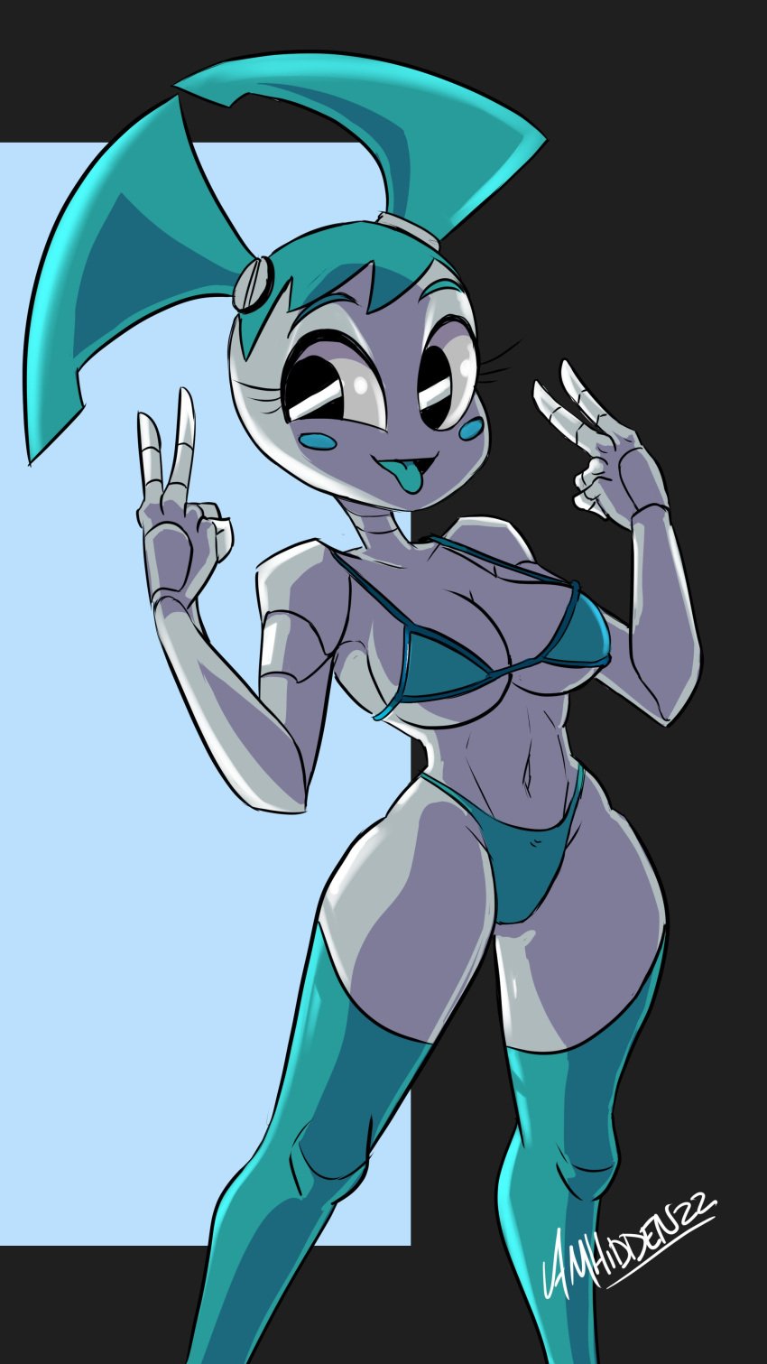 1girls 2022 amhidden bikini black_eyes cheek_spots double_v female female_only jenny_wakeman looking_at_viewer my_life_as_a_teenage_robot nickelodeon robot robot_girl solo solo_female tongue_out twintails v_sign very_high_resolution xj-9