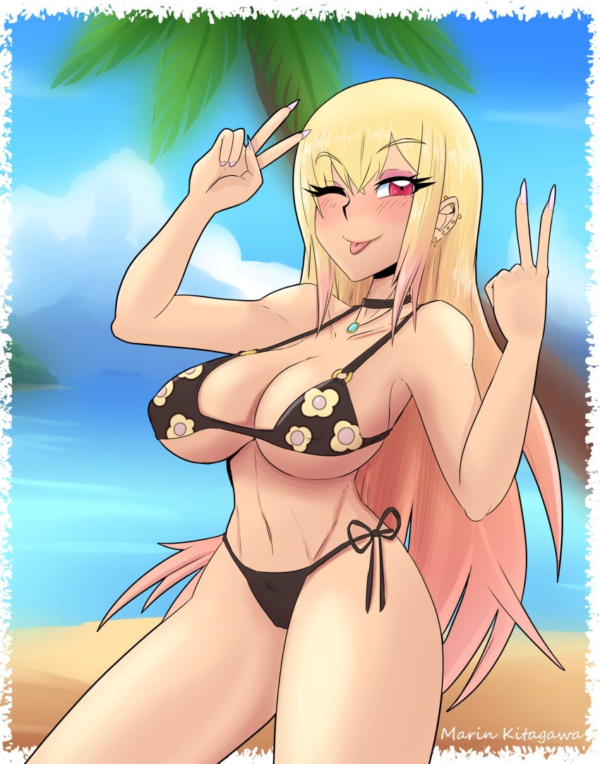 1girls 2022 :p absurd_res amhidden beach bikini blonde_hair blush double_v female female_only kitagawa_marin long_hair pink_hair red_eyes seaside smiling_at_viewer solo solo_female sono_bisque_doll_wa_koi_wo_suru tongue_out two_tone_hair v_sign wink winking_at_viewer