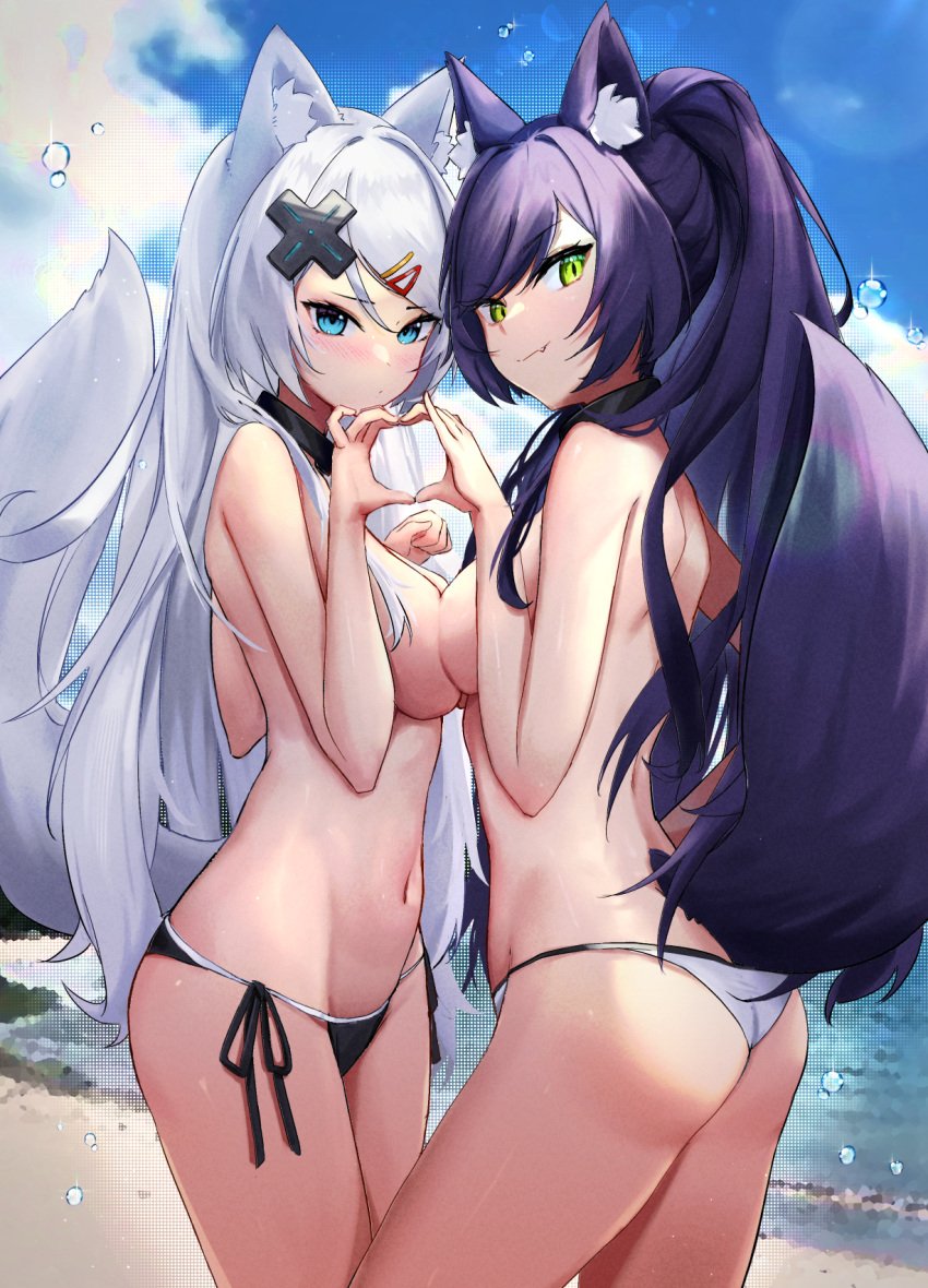 2girls animal_ear_fluff animal_ears ass bangs beach bikini black_bikini black_hair blue_eyes blush breast_press breasts cloud collar d-pad d-pad_hair_ornament day fox_ears fox_girl fox_tail green_eyes hair_ornament heart heart_hands heart_hands_duo high_ponytail highres large_breasts light-skinned_female light_skin long_hair looking_at_viewer looking_back meridian_project mizuki_(vtuber) multiple_girls navel ocean oerba_yun_fang ouka_rara_(oukafafafa) outdoors ponytail sand seki_(vtuber) side-tie_bikini skin_fang sky smile stomach string_bikini swept_bangs swimsuit symmetrical_docking tail topless very_long_hair virtual_youtuber water white_bikini white_hair