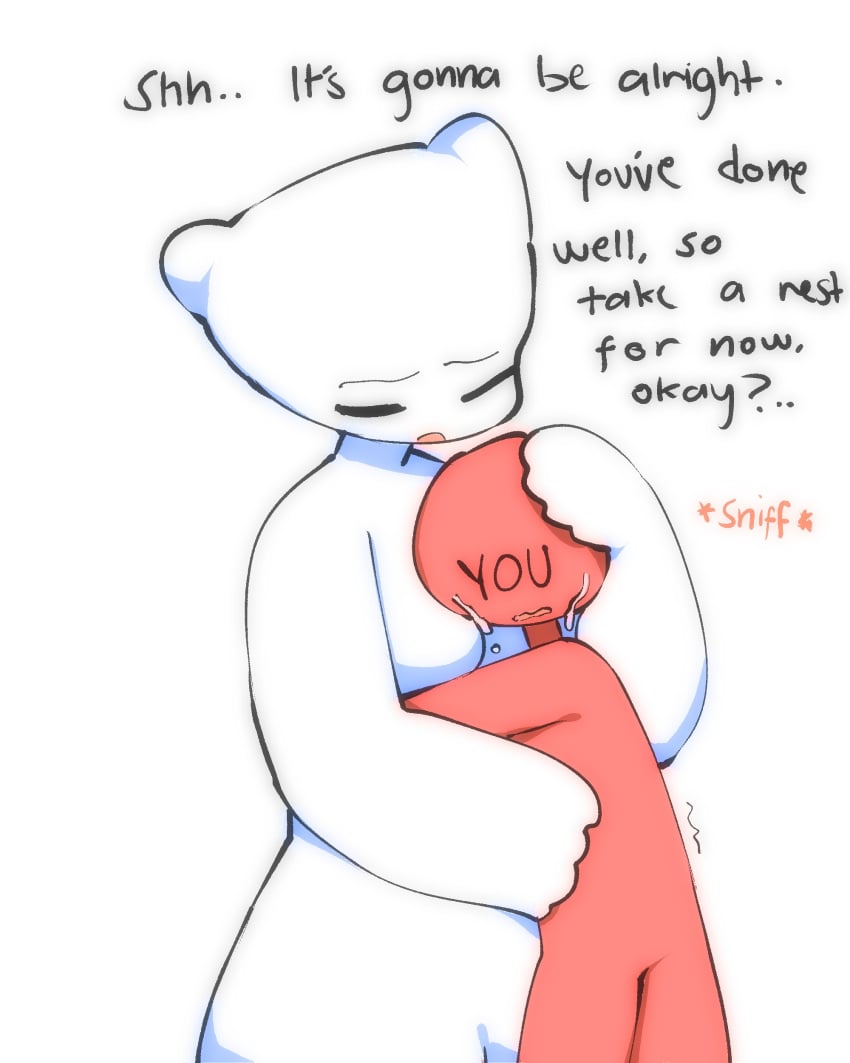 1girls 1other ambiguous_gender anon black_text breasts comforting crying english_text female hug hugging namesloo puffle_(namesloo) simple_background tagme text white_background wholesome