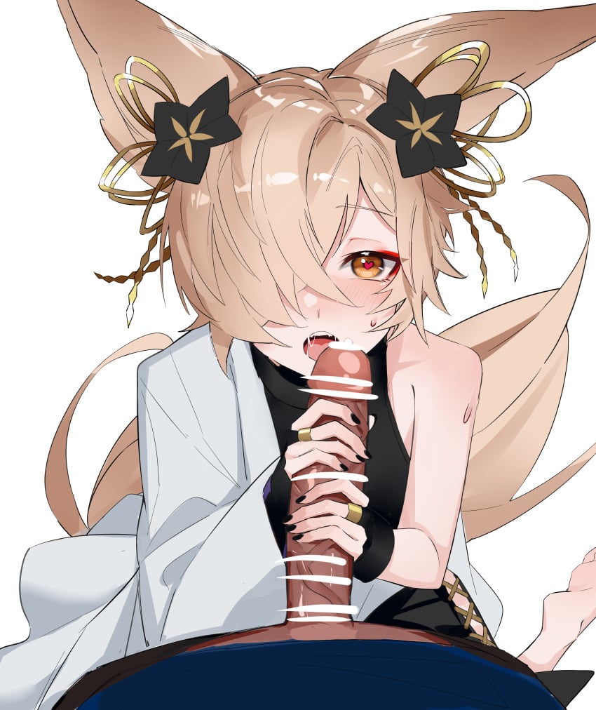 2boys absurdres animal_ears axescr bangs bar_censor bare_shoulders black_flower black_nails blonde_hair blush bridal_gauntlets brown_eyes censored collar collarbone commentary cuffs cum erection erune eyelashes eyeshadow femboy fingernails flower fox_boy fox_ears fox_tail girly granblue_fantasy hair_flower hair_ornament hair_over_one_eye hair_ribbon handjob hands_up heart heart-shaped_pupils hi_res highres interspecies japanese_clothes jewelry kneeling kou_(granblue_fantasy) long_hair long_sleeves looking_at_viewer looking_up makeup male male_focus male_only multiple_boys nail_polish nose_blush off_shoulder one_eye_covered open_mouth otoko_no_ko parted_bangs penis pov red_eyeshadow ribbon saliva sidelocks single_bare_shoulder sweat swept_bangs symbol-shaped_pupils tail teeth tongue transparent_background trap upper_teeth yaoi