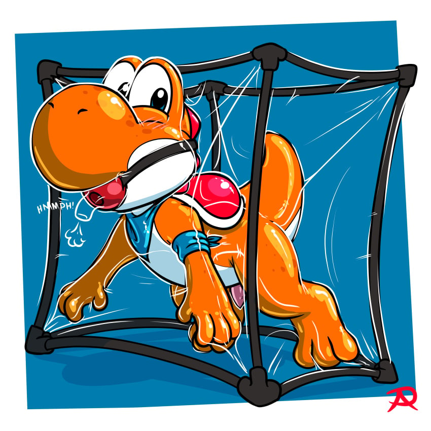 2022 3_toes 4_fingers absurd_res anthro ball_gag big_nose biped bondage bound digital_drawing_(artwork) digital_media_(artwork) dinosaur encasement fan_character feet fingers gag gagged genitals glistening hi_res male mario_(series) moxie_(aleyck) neckerchief nintendo orange_body orange_yoshi penis radasus reptile scalie shell solo text toes toony vacuum_cube video_games white_body yoshi