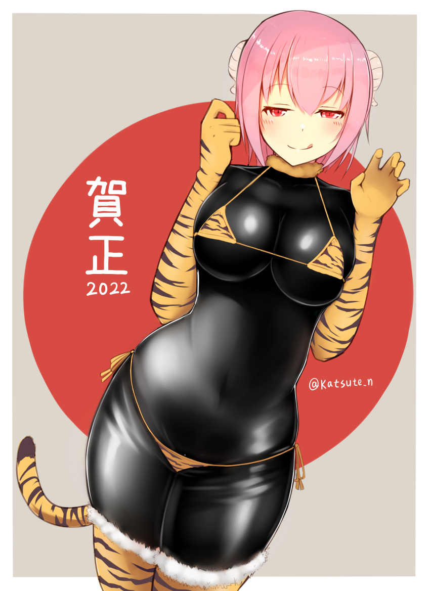 2022 bodysuit eyebrows_visible_through_hair fake_animal_tail happy_new_year katsuten pink_eyes pink_hair rubber_suit tiger_bikini tiger_tail year_of_the_tiger