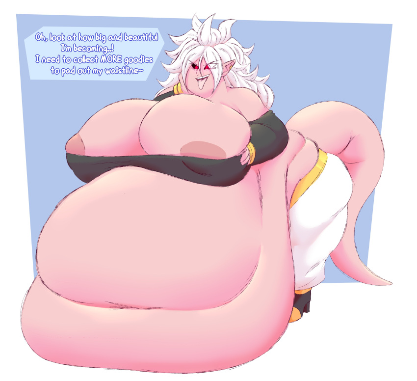 1girls android_21 areolae bbw belly big_belly big_breasts breasts dragon_ball dragon_ball_z fat female huge_belly huge_breasts majin_android_21 morbidly_obese obese overweight pink_skin solo_female ssbbw sunsleptos white_hair