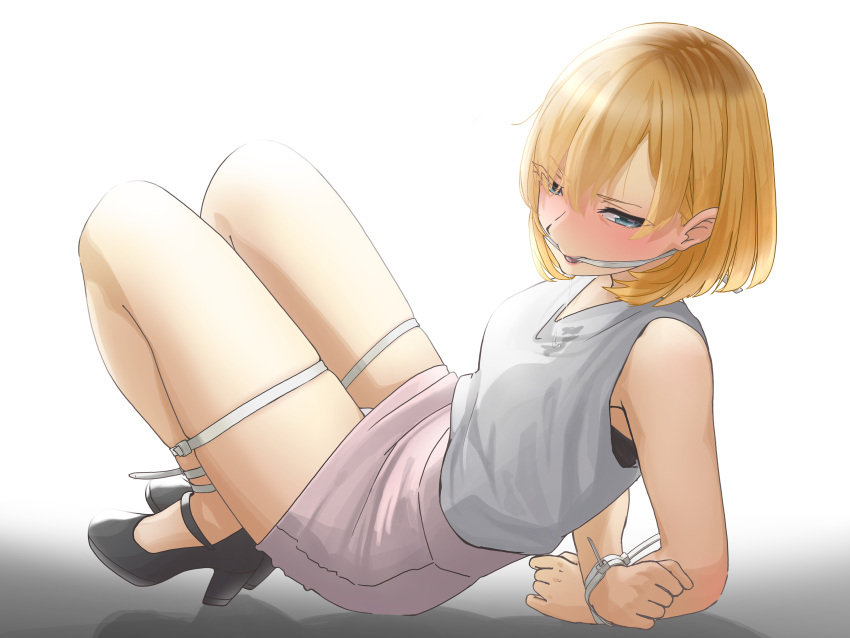 arms_behind_back blonde_hair blue_eyes blush bondage bondage gag gagged helpless legs_tied miyamori_aoi panties shirobako skirt thighs underwear zip_tie