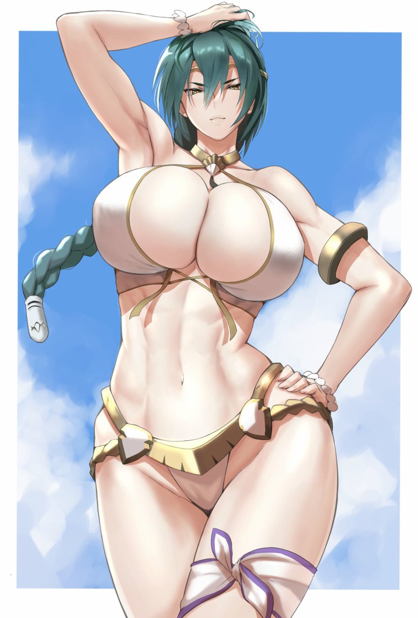 1girls abs absurdres alternate_costume anagumasan arm_up armpits bangs bare_shoulders bikini blue_sky bracelet braid breasts circlet cleavage closed_mouth cloud cloudy_sky collarbone day female female_only fingernails fire_emblem fire_emblem_heroes gold_trim green_hair hair_ornament halterneck hand_on_hip highleg highleg_bikini highres jewelry large_breasts lips long_hair looking_at_viewer navel nintendo official_alternate_costume outdoors shiny shiny_hair simple_background single_braid sky solo stomach swimsuit thigh_strap thighs thorr_(fire_emblem) thorr_(summer)_(fire_emblem) white_bikini white_swimsuit yellow_eyes