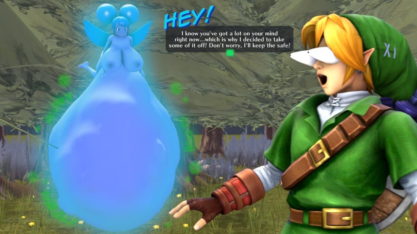 3d allstarman belly big_belly blonde_hair blue_skin breasts dialogue fairy female female_focus link link_(ocarina_of_time) male navi nipples ocarina_of_time text the_legend_of_zelda vore