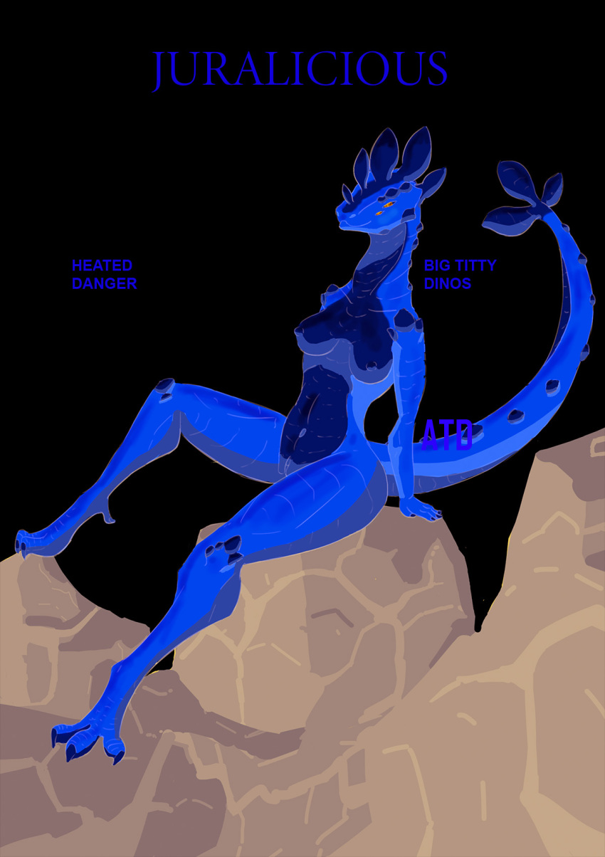 alicethedeer anthro blue_eyes breasts dinosaur female fully_shaded genitals hi_res looking_at_viewer nipples nude pinup pose pussy reptile scalie simple_background smile solo thick_thighs yellow_body