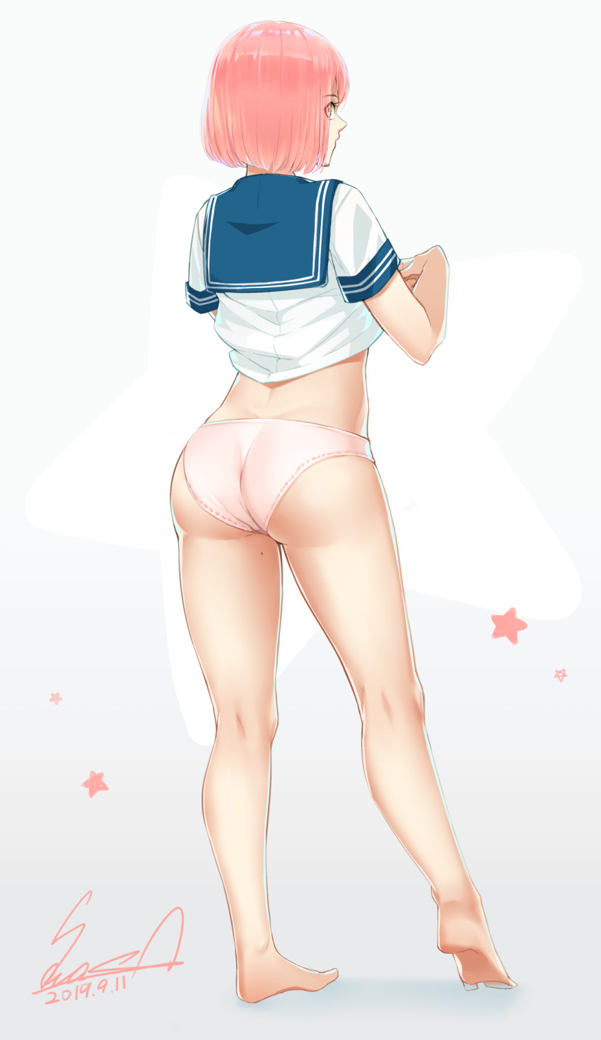 1girls ass feet from_behind full_body panties pink_hair sailor_uniform sawasa school_uniform short_hair solo standing