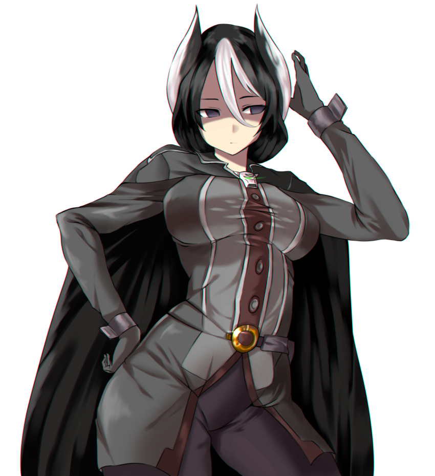 absurd_res big_breasts black_and_white_hair black_clothing black_eyes black_hair cape expressionless female female_only fully_clothed gloves hair_between_eyes hand_on_hip hi_res kisaragi_tsurugi made_in_abyss medium_breasts ozen shaded_face short_hair solo tight_clothing two_tone_hair white_highlights wide_hips