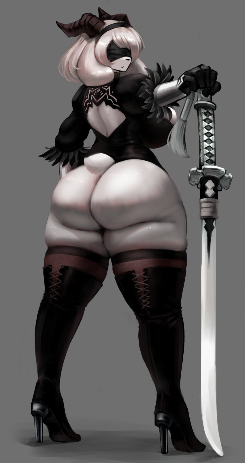 1girls anthro ass big_ass big_breasts blindfold breasts fat_ass female female_focus female_only furry gipehtyboon grey_hair high_heel_boots horns huge_ass huge_butt legwear nier nier:_automata nier_(series) rule_46 short_hair solo standing sword thick_thighs wide_hips yboon yorha_2b