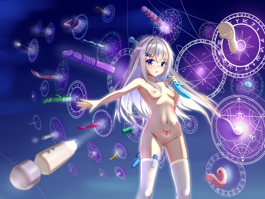 absurdres amaki-aria ass_visible_through_thighs bangs blue_background blue_eyes blurry blurry_foreground blush breasts chinese_commentary commentary_request controller dildo egg_vibrator fate_(series) female gate_of_babylon_(fate) grey_hair hair_ornament hairclip hand_up heart highres hitachi_magic_wand holding holding_dildo light_blush long_hair looking_at_viewer magic_circle navel nipples nude object_insertion open_mouth original outstretched_arm pubic_tattoo pussy remote_control remote_control_vibrator runes see-through sex_toy shiny shiny_hair sidelocks skindentation small_breasts solo standing stomach tattoo thighhighs too_many_sex_toys uncensored v-shaped_eyebrows vaginal_object_insertion vaginal_penetration vibrator vibrator_cord vibrator_in_thighhighs white_thighhighs