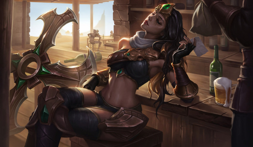 athletic_female bar beer black_hair bottle brown_skin female female_focus hi_res league_of_legends midriff realistic red_lipstick sitting sivir tavern