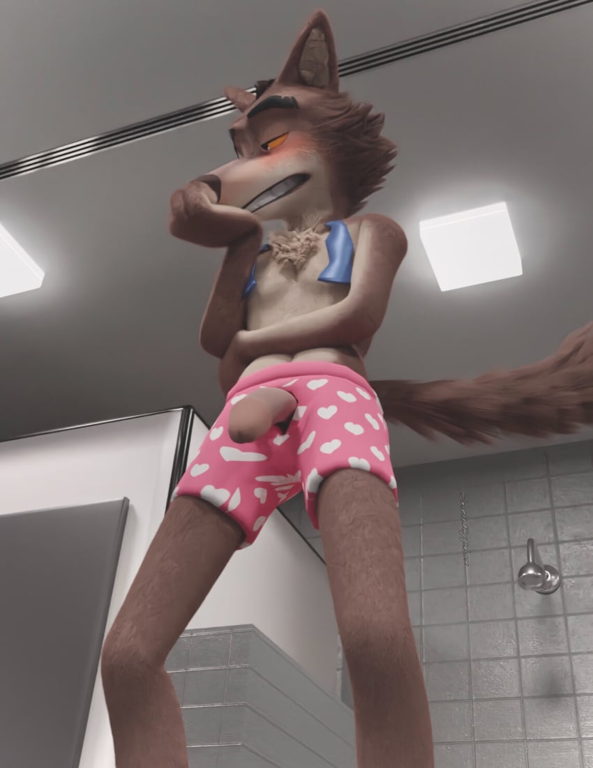 1boy 3d 3d_(artwork) absurd_res anthro blender_(software) blush clothing digital_media_(artwork) dreamworks genitals hand_on_chin heart_underwear hi_res humanoid_genitalia humanoid_penis looking_away male male_only mr._wolf_(the_bad_guys) penis shower sneakyphox solo the_bad_guys unbuttoned_bottomwear underwear undone_tie worried